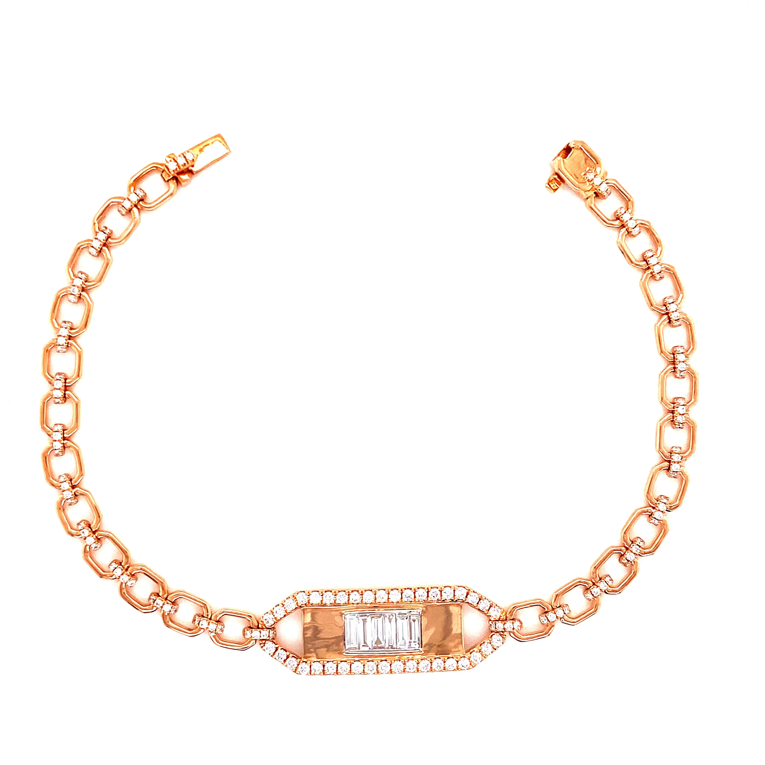 18K Rose Gold Round Baguette Diamond Bar Bracelet