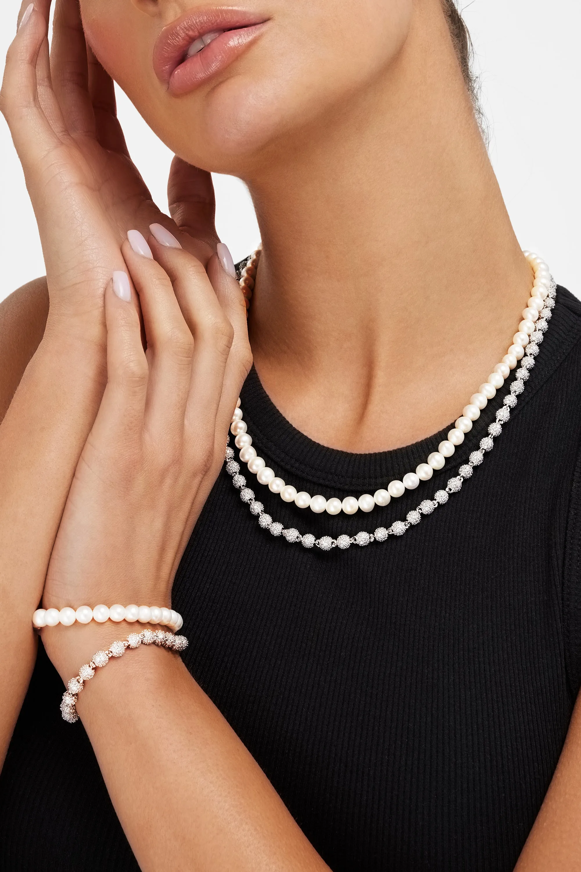 6mm Pearl Necklace   5mm Iced Ball Chain Bundle