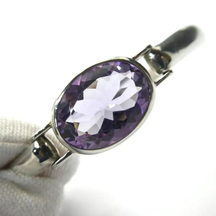 Amethyst Bracelet Bangle, Faceted Oval Gemstone, 925 Sterling Silver