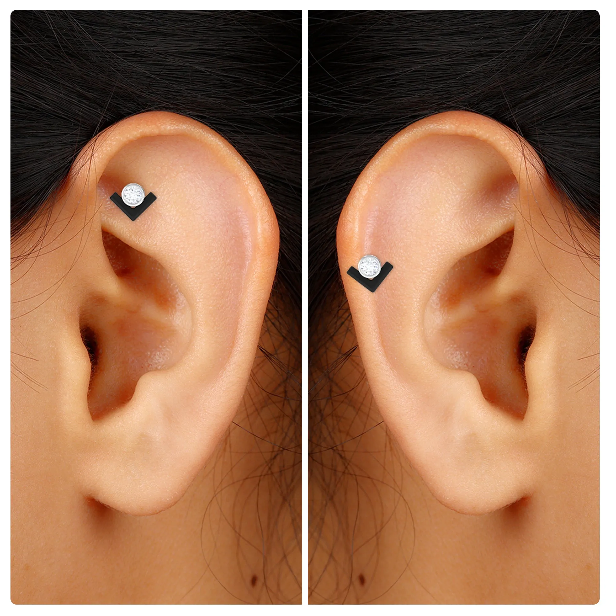 Bezel Set Moissanite Unique Cartilage Earring with Black Enamel