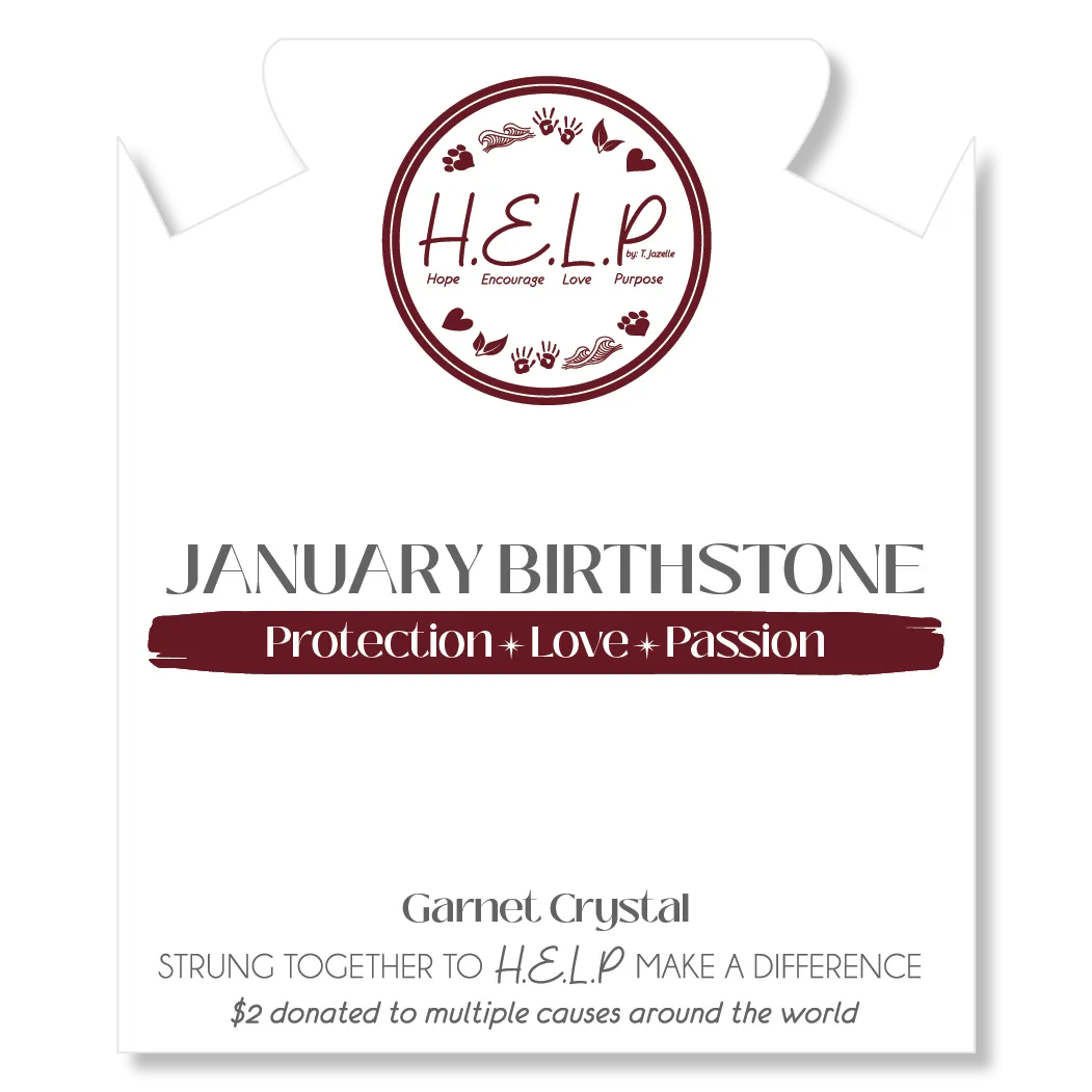 Birthstone Collection - January Garnet Crystal Charm with White Cats Eye Charity Bracelet