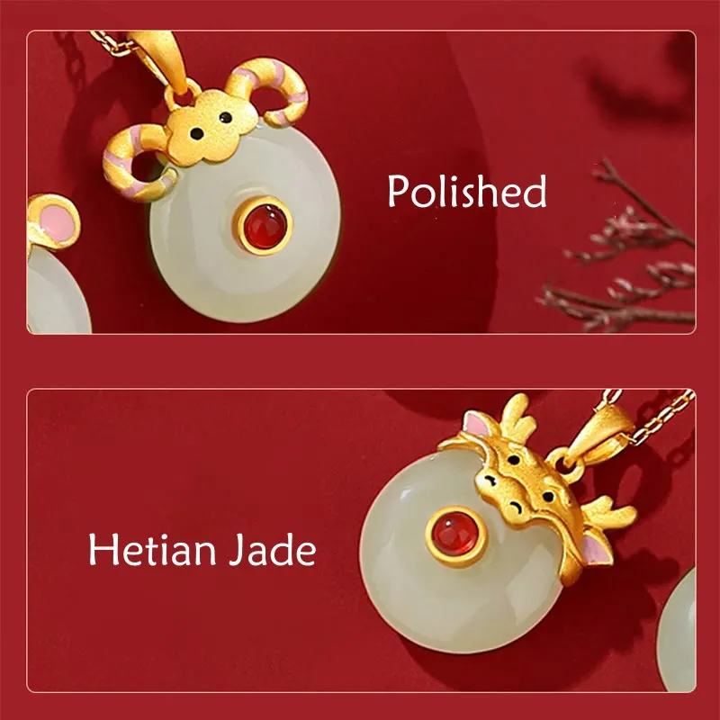 Buddha Stones 925 Sterling Silver Hetian Jade Chinese Zodiac Year of the Dragon Red Agate Luck Protection Necklace Pendant