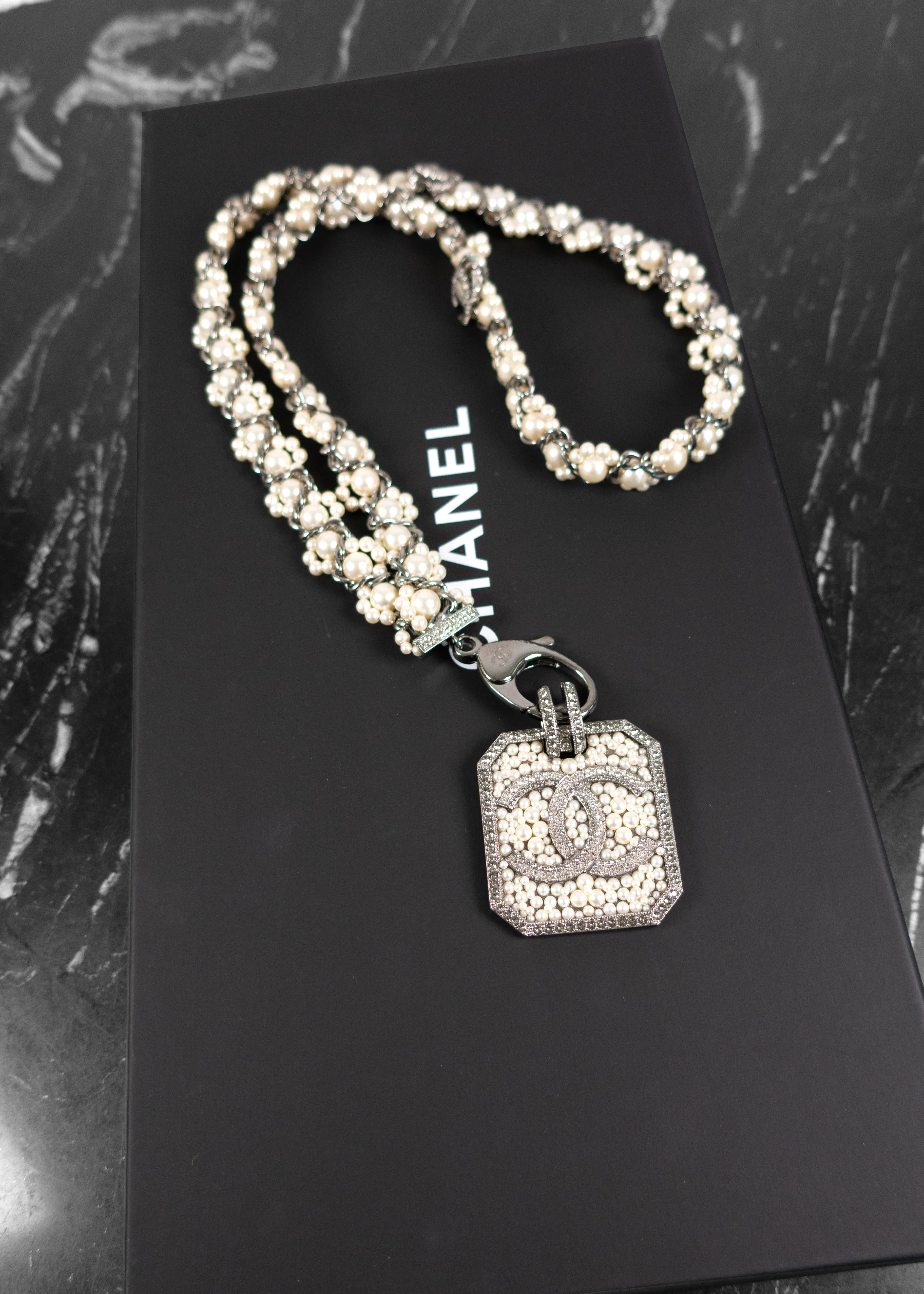 Chanel Faux Pearl & Strass Lanvard CC Logo Pendant Necklace