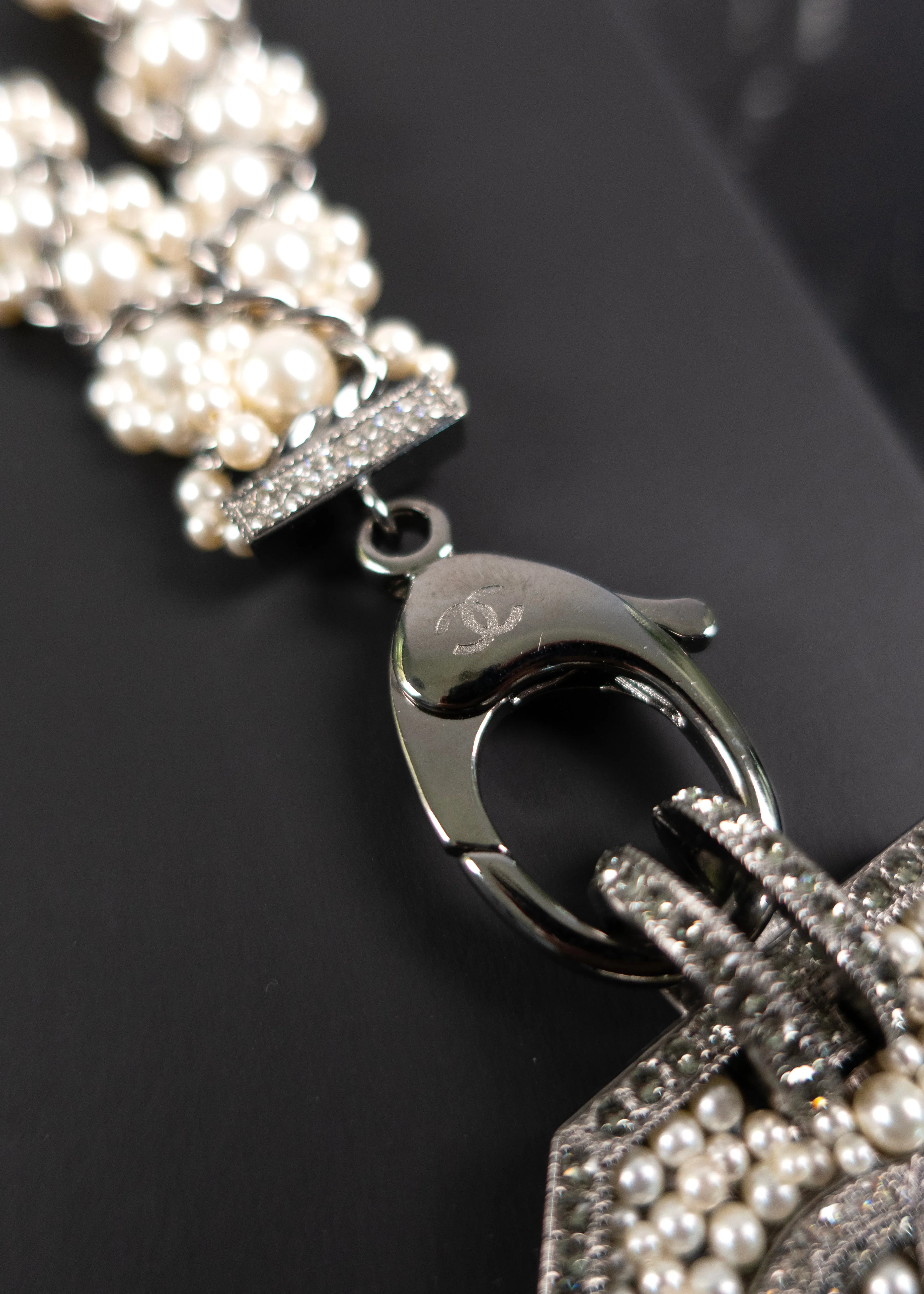 Chanel Faux Pearl & Strass Lanvard CC Logo Pendant Necklace
