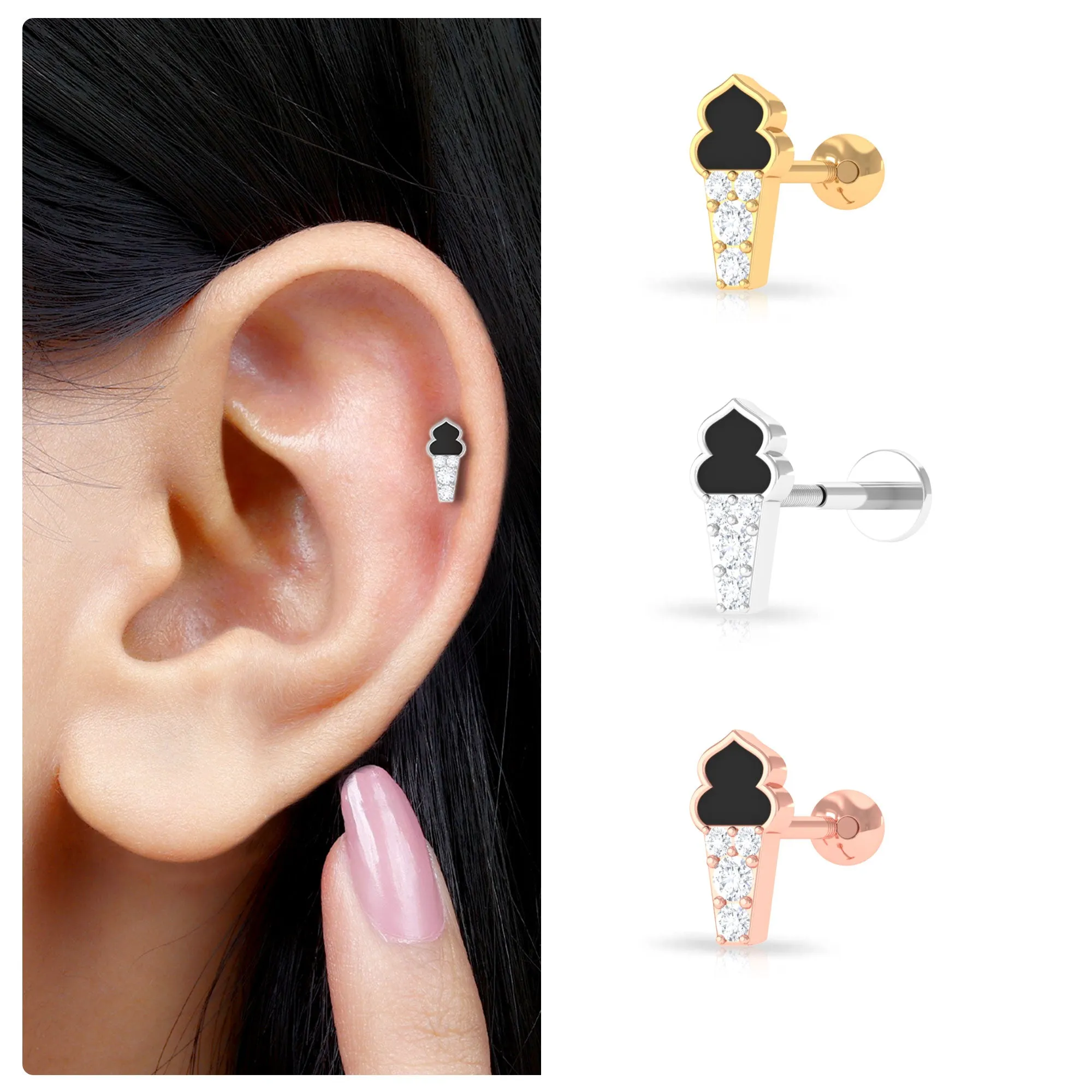 Diamond and Black Enamel Ice Cream Earring for Helix Piercing