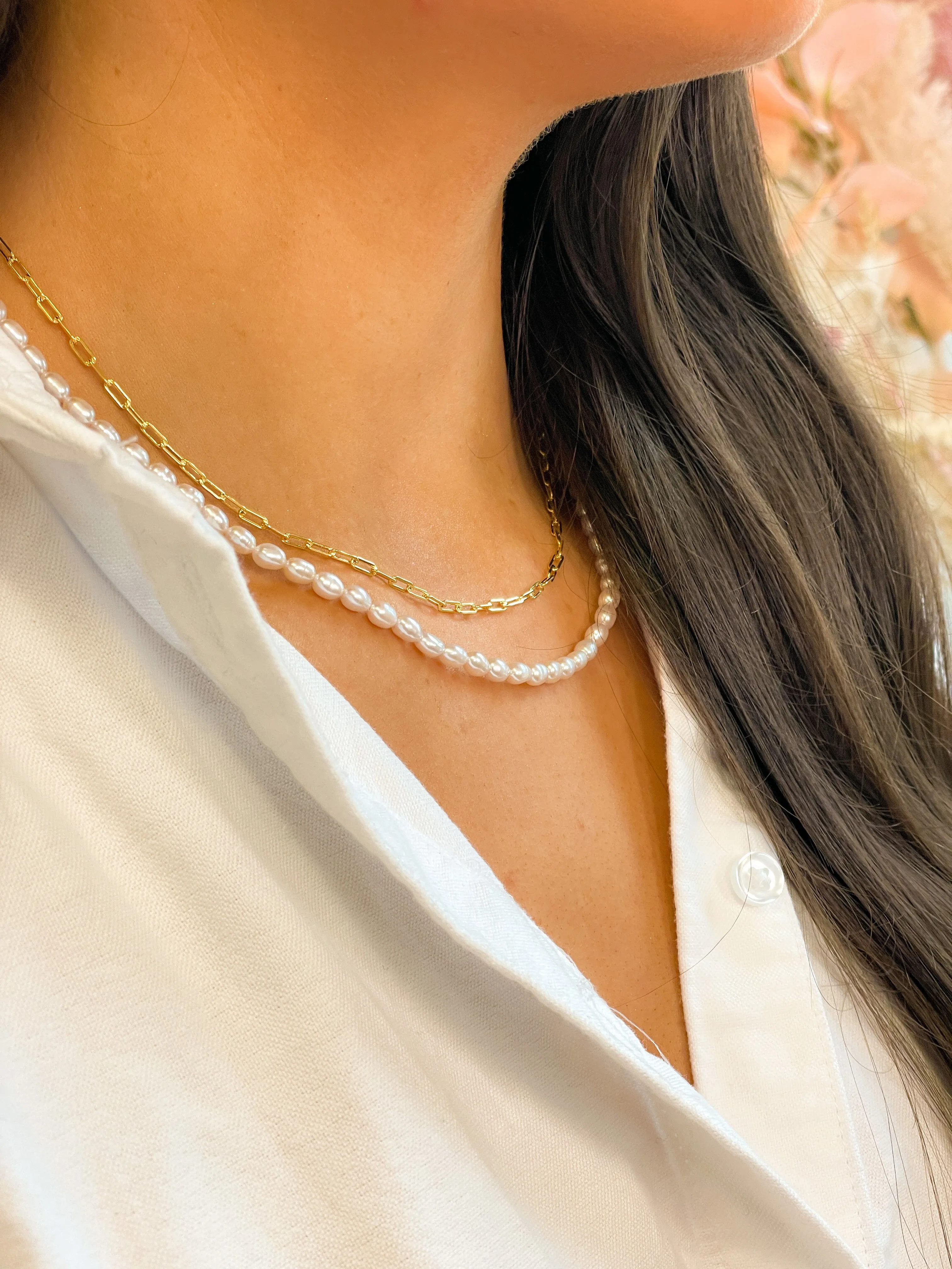 Golden Double Layer Pearl and Rectangular Link Necklace