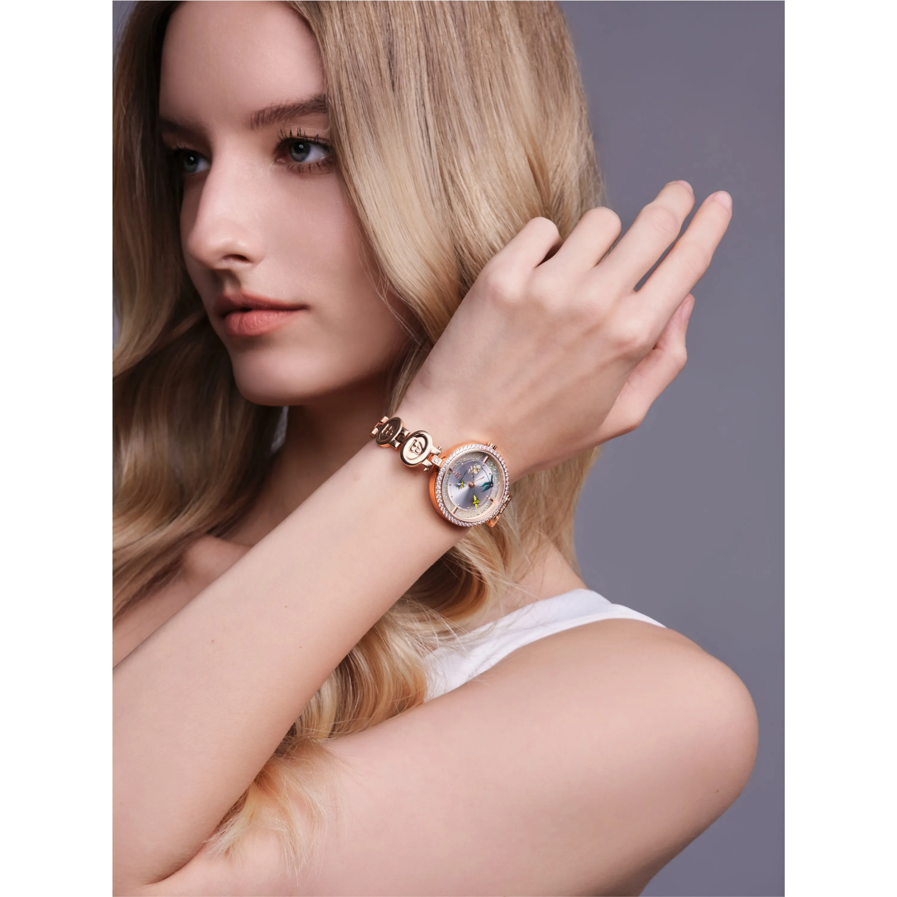 Honey Bee 34mm Ruby Red Dial Moving Bees Rose Gold Bracelet Watch