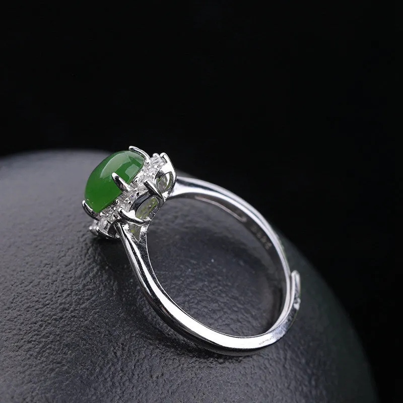 Natural Jade Ring Nephrite Silver Zircon Adjustable Ring ZNRG128