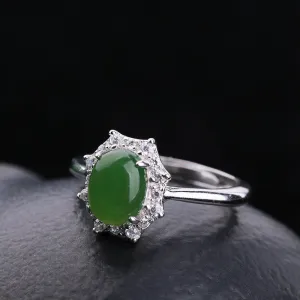 Natural Jade Ring Nephrite Silver Zircon Adjustable Ring ZNRG128