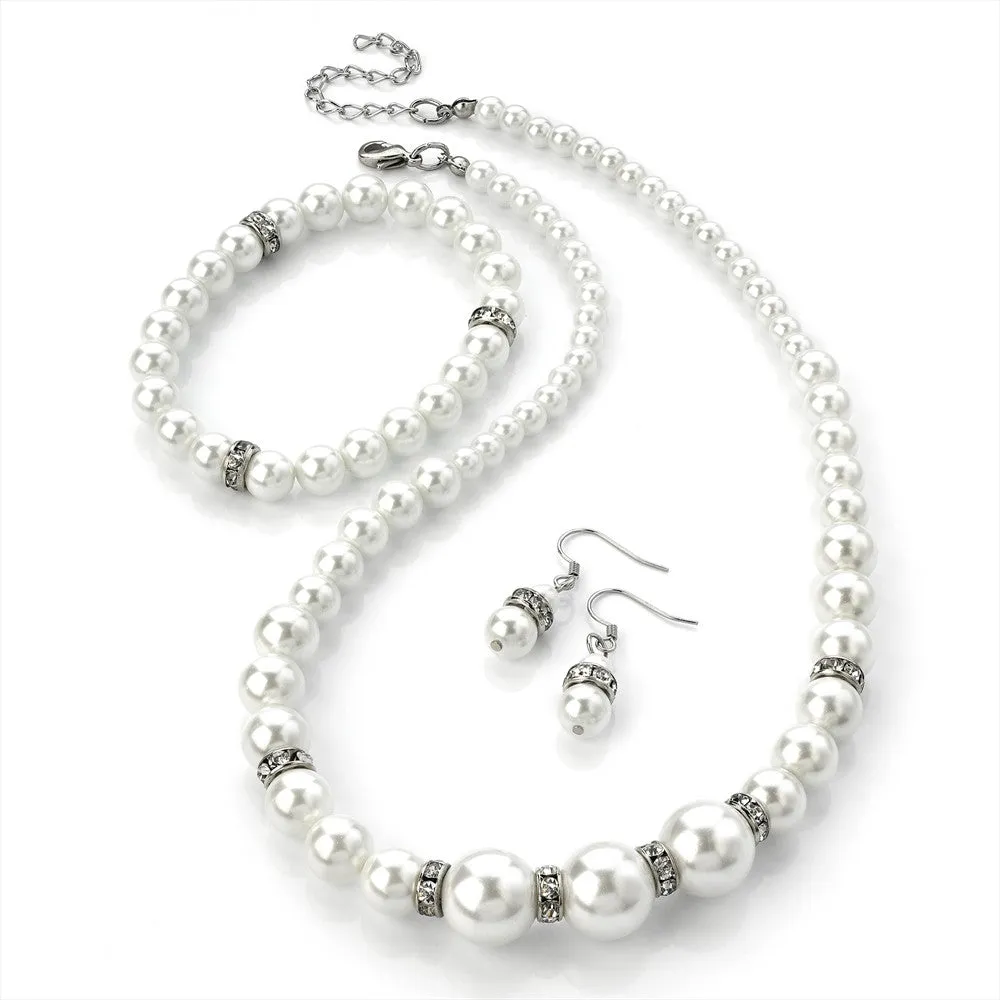Pearl and Crystal Necklace, Earring and Bracelet Set