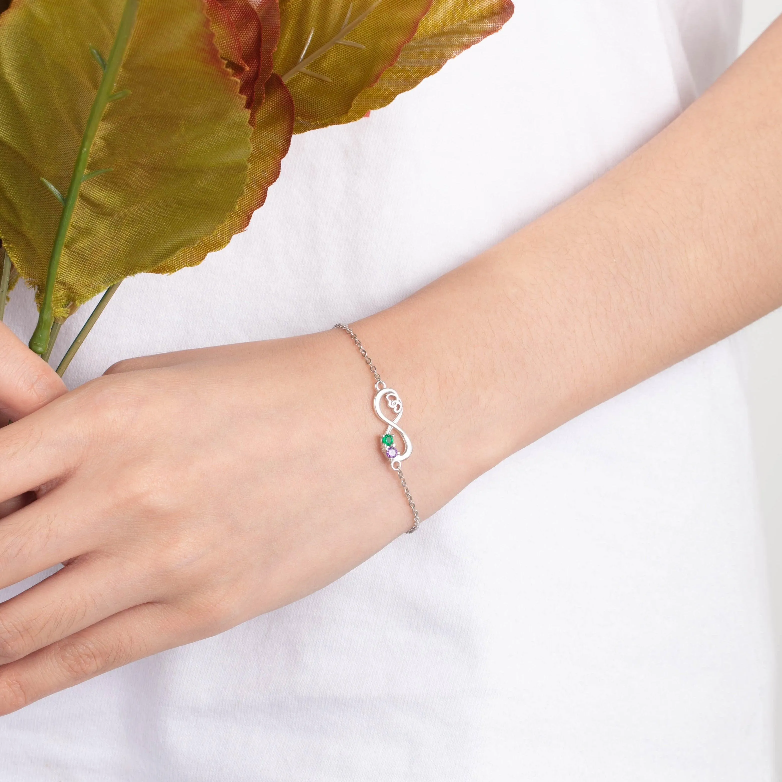 Personalized Heart Chain Infinity Bangle Bracelets With 2 Customized Birthstone Bracelet