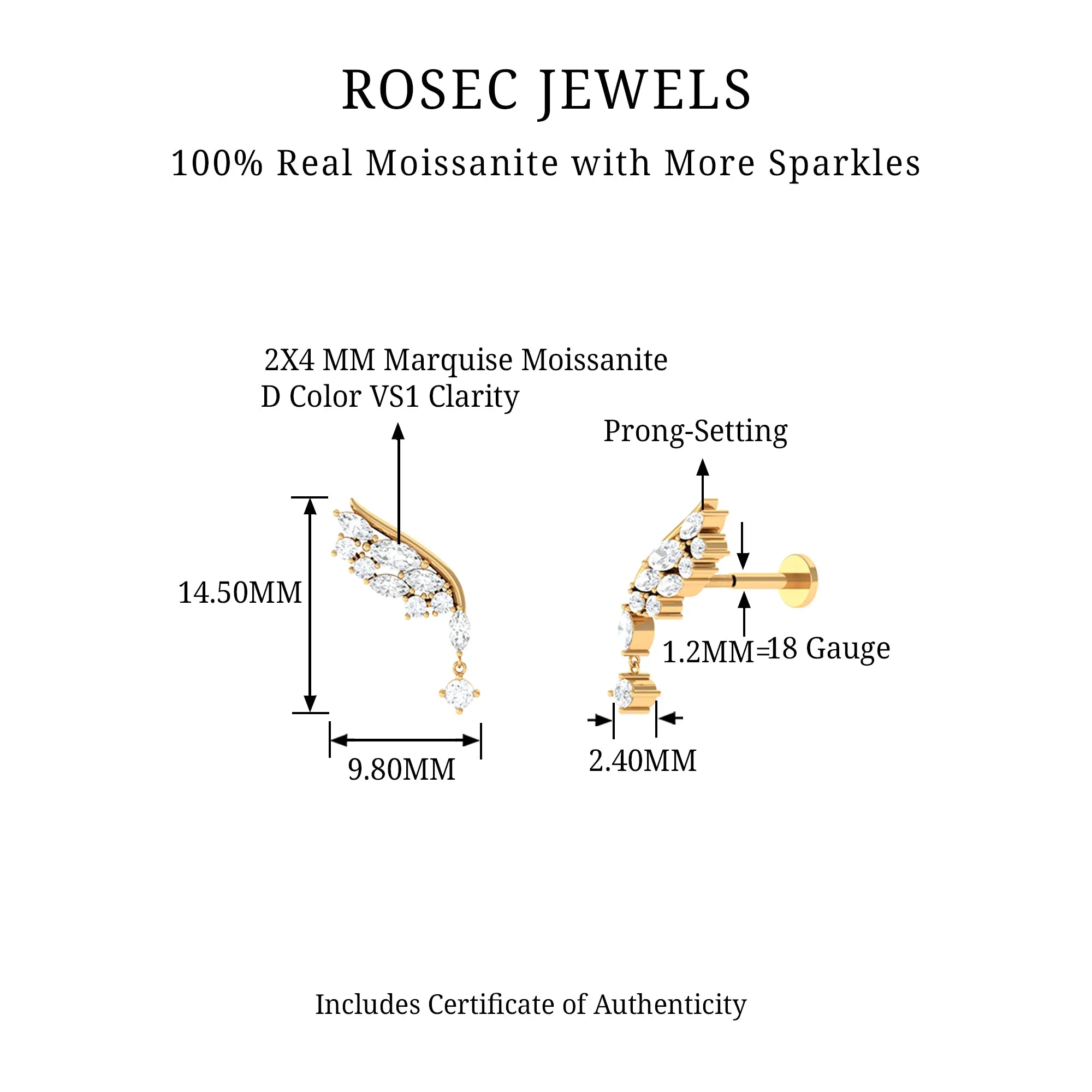Unique Moissanite Cluster Wing Cartilage Drop Earring