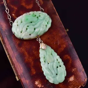 Vintage Art Deco Carved Natural Jade Pendant Necklace