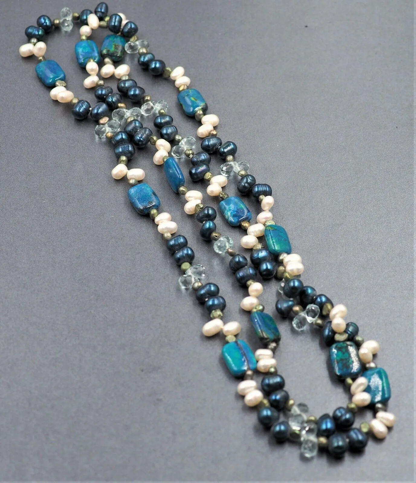 Vintage Blue, Green & White Freshwater Baroque Pearls & Glass & Ceramic Necklace